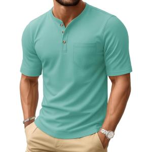 imageMAGCOMSEN Mens Henley Short Sleeve Shirt Cotton Lightweight Tee Shirts Casual Summer Basic Tees with PocketGrey Green