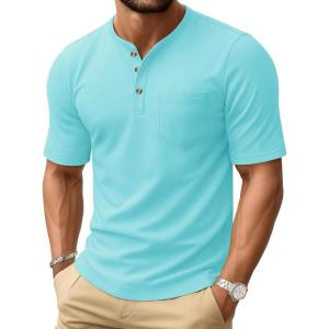 imageMAGCOMSEN Mens Henley Short Sleeve Shirt Cotton Lightweight Tee Shirts Casual Summer Basic Tees with PocketLakeblue