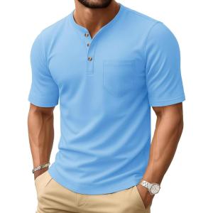 imageMAGCOMSEN Mens Henley Short Sleeve Shirt Cotton Lightweight Tee Shirts Casual Summer Basic Tees with PocketWater Blue