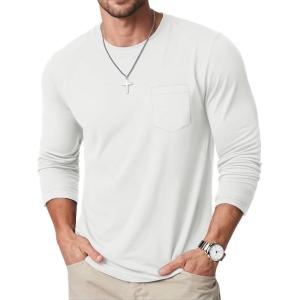 imageMAGCOMSEN Mens Long Sleeve Shirt with Pocket Cotton Crew Neck Shirts Casual Lightweight TShirt02white