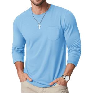 imageMAGCOMSEN Mens Long Sleeve Shirt with Pocket Cotton Crew Neck Shirts Casual Lightweight TShirt11waterfall Blue