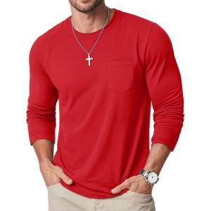imageMAGCOMSEN Mens Long Sleeve Shirt with Pocket Cotton Crew Neck Shirts Casual Lightweight TShirt15red