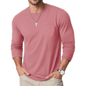 imageMAGCOMSEN Mens Long Sleeve Shirt with Pocket Cotton Crew Neck Shirts Casual Lightweight TShirt16grey Pink