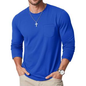 imageMAGCOMSEN Mens Long Sleeve Shirt with Pocket Cotton Crew Neck Shirts Casual Lightweight TShirt22color Blue