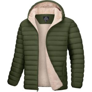 imageMAGCOMSEN Mens Puffer Jacket with Hood Fleece lined Warm Puffer Coats Water Resistant Down Jacket Zip Up Winter JacketsArmygreen