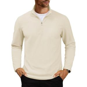imageMAGCOMSEN Mens Quarter Zip Pullover Polar Fleece Sweatshirt Casual Long Sleeve Shirts for Men Winter Fall ThermalBeige