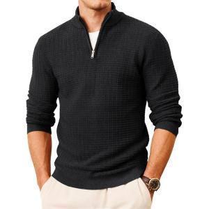 imageMAGCOMSEN Mens Sweaters 14 Zip Knit Waffle Textured Pullover for Fall Winter Warm Soft SweatshirtsBlack