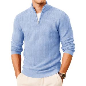 imageMAGCOMSEN Mens Sweaters 14 Zip Knit Waffle Textured Pullover for Fall Winter Warm Soft SweatshirtsBlue