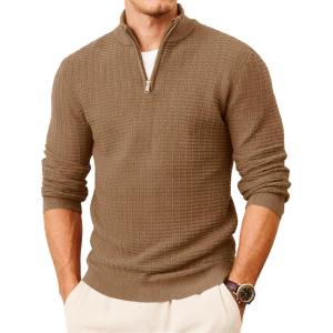 imageMAGCOMSEN Mens Sweaters 14 Zip Knit Waffle Textured Pullover for Fall Winter Warm Soft SweatshirtsCoffee