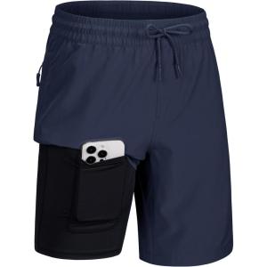 imageMAGCOMSEN Mens Swim Trunks with Compression Liner 9quot Quick Dry Beach Shorts with Zipper PocketsNavy