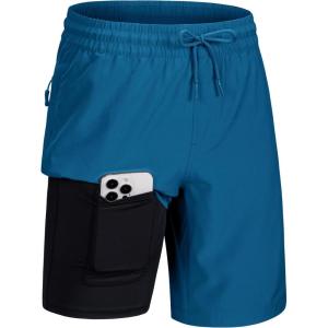 imageMAGCOMSEN Mens Swim Trunks with Compression Liner 9quot Quick Dry Beach Shorts with Zipper PocketsPeacock Blue