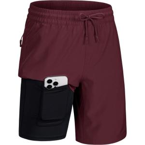 imageMAGCOMSEN Mens Swim Trunks with Compression Liner 9quot Quick Dry Beach Shorts with Zipper PocketsWine Red