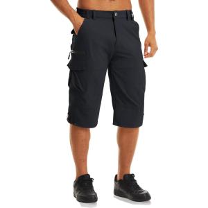 imageMAGCOMSEN Mens Workout Shorts 7 Pockets Quick Dry 34 Capri Pants Zipper Pockets Hiking Athletic ShortsBlack