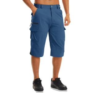 imageMAGCOMSEN Mens Workout Shorts 7 Pockets Quick Dry 34 Capri Pants Zipper Pockets Hiking Athletic ShortsBlue Grey