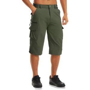 imageMAGCOMSEN Mens Workout Shorts 7 Pockets Quick Dry 34 Capri Pants Zipper Pockets Hiking Athletic ShortsGreen