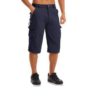 imageMAGCOMSEN Mens Workout Shorts 7 Pockets Quick Dry 34 Capri Pants Zipper Pockets Hiking Athletic ShortsNavy