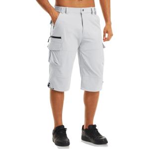 imageMAGCOMSEN Mens Workout Shorts 7 Pockets Quick Dry 34 Capri Pants Zipper Pockets Hiking Athletic ShortsWhite