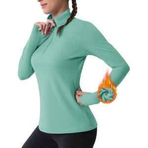 imageMAGCOMSEN Womens 14 Quarter Zip Pullover Thermal Running Shirts Long Sleeve Athletic Warm Tops with Zip PocketsGrey Green