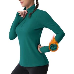 imageMAGCOMSEN Womens 14 Quarter Zip Pullover Thermal Running Shirts Long Sleeve Athletic Warm Tops with Zip PocketsJade Green