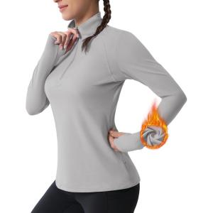 imageMAGCOMSEN Womens 14 Quarter Zip Pullover Thermal Running Shirts Long Sleeve Athletic Warm Tops with Zip PocketsLight Grey