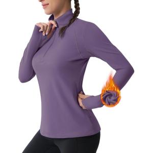 imageMAGCOMSEN Womens 14 Quarter Zip Pullover Thermal Running Shirts Long Sleeve Athletic Warm Tops with Zip PocketsPurple