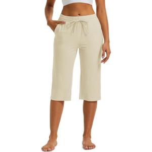 imageMAGCOMSEN Womens Capri Pants Cotton Yoga Wide Leg Capris Loose Casual Lounge Workout Capri Sweatpants with 5 PocketsLight Apricot