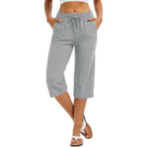 imageMAGCOMSEN Womens Capri Pants Cotton Yoga Wide Leg Capris Loose Casual Lounge Workout Capri Sweatpants with 5 PocketsLight Grey