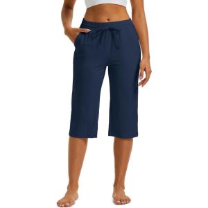 imageMAGCOMSEN Womens Capri Pants Cotton Yoga Wide Leg Capris Loose Casual Lounge Workout Capri Sweatpants with 5 PocketsNavy Blue