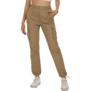 imageMAGCOMSEN Womens Cargo Pants 6 Pockets Cotton Work Pants Casual Stylish Elastic Waistband Military TrousersKhaki