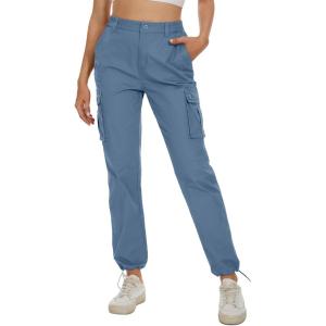 imageMAGCOMSEN Womens Cargo Pants 6 Pockets Cotton Work Pants Casual Stylish Elastic Waistband Military TrousersLight Blue