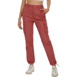 imageMAGCOMSEN Womens Cargo Pants 6 Pockets Cotton Work Pants Casual Stylish Elastic Waistband Military TrousersRed