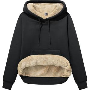 imageMAGCOMSEN Womens Hoodies Thick Fleece Lined Hooded Sweatshirt Warm Sherpa Lined Heavyweight Pullover with PocketBlack