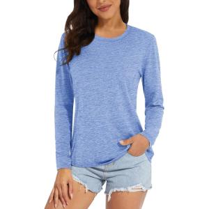 imageMAGCOMSEN Womens Long Sleeve Shirts UPF 50 Sun Protection Quick Dry Athletic Running Workout Tops Rash GuardLight Blue