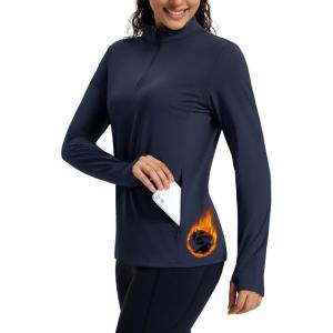 imageMAGCOMSEN Womens Quarter Zip Fleece Pullover Mock Neck Thermal Shirts with Zip Pocket Athletic Running TopsNavy