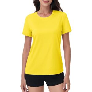 imageMAGCOMSEN Womens Short Sleeve Shirt UPF 80 Sun Protection TShirts Quick Dry Workout Gym Running TopsBright Yellow