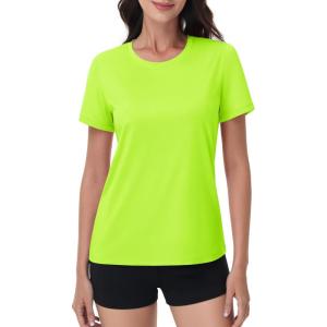 imageMAGCOMSEN Womens Short Sleeve Shirt UPF 80 Sun Protection TShirts Quick Dry Workout Gym Running TopsFluorescent Green