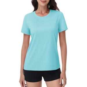imageMAGCOMSEN Womens Short Sleeve Shirt UPF 80 Sun Protection TShirts Quick Dry Workout Gym Running TopsLight Lake Blue