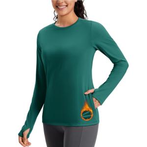 imageMAGCOMSEN Womens Thermal Shirts Long Sleeve Fleece Lined Shirt Workout Tops Athletic Base Layer Running Hiking WinterGreen