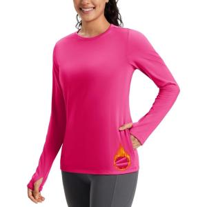 imageMAGCOMSEN Womens Thermal Shirts Long Sleeve Fleece Lined Shirt Workout Tops Athletic Base Layer Running Hiking WinterRose Red