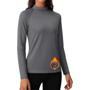 imageMAGCOMSEN Womens Thermal Shirts Mock Turtleneck Fleece Lined Long Sleeve Workout Tops Underwear Base Layer RunningDark Grey