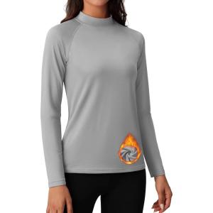 imageMAGCOMSEN Womens Thermal Shirts Mock Turtleneck Fleece Lined Long Sleeve Workout Tops Underwear Base Layer RunningLight Grey