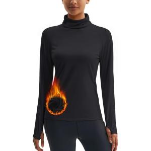 imageMAGCOMSEN Womens Thermal Shirts Mock Turtleneck Long Sleeve Undershirt Fleece Base Layer Top with Thumb HolesBlack