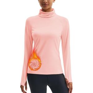 imageMAGCOMSEN Womens Thermal Shirts Mock Turtleneck Long Sleeve Undershirt Fleece Base Layer Top with Thumb HolesLightpink