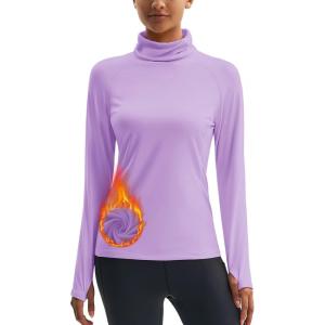 imageMAGCOMSEN Womens Thermal Shirts Mock Turtleneck Long Sleeve Undershirt Fleece Base Layer Top with Thumb HolesLtpurple
