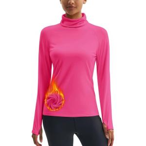 imageMAGCOMSEN Womens Thermal Shirts Mock Turtleneck Long Sleeve Undershirt Fleece Base Layer Top with Thumb HolesRosered