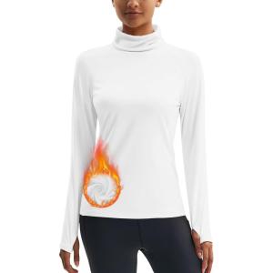 imageMAGCOMSEN Womens Thermal Shirts Mock Turtleneck Long Sleeve Undershirt Fleece Base Layer Top with Thumb HolesWhite