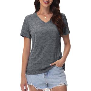 imageMAGCOMSEN Workout Tops for Women UPF 50 Quick Dry Short Sleeve Sun Protection VNeck Shirts Lightweight Hiking T ShirtsDark Grey