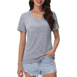 imageMAGCOMSEN Workout Tops for Women UPF 50 Quick Dry Short Sleeve Sun Protection VNeck Shirts Lightweight Hiking T ShirtsLight Grey
