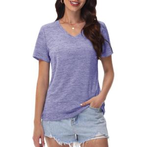 imageMAGCOMSEN Workout Tops for Women UPF 50 Quick Dry Short Sleeve Sun Protection VNeck Shirts Lightweight Hiking T ShirtsLight Purple