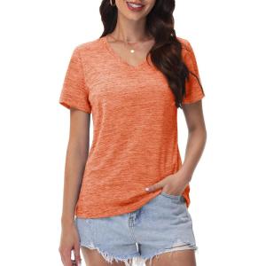 imageMAGCOMSEN Workout Tops for Women UPF 50 Quick Dry Short Sleeve Sun Protection VNeck Shirts Lightweight Hiking T ShirtsOrange